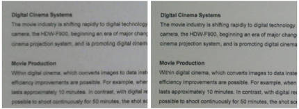 左が約200万画素のカメラ、右が本機が採用している約800万画素のカメラで細かな文字を撮影した例（いずれもソニー製）。鮮明度が両者で格段に違います