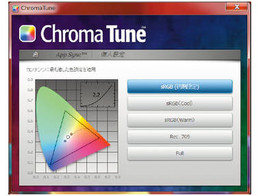 液晶画面は出荷時に1台ごとにカラー表示性能を調整済み。付属の「Chroma Tune for TOSHIBA」で各種の色設定が調整可能です