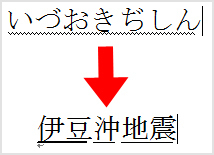 「いづおきぢしん」を「伊豆沖地震」に変換した例
