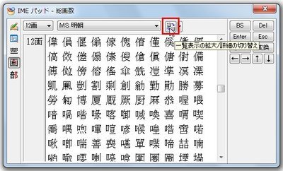 総画数が12画の漢字が一覧表示される。しかし、数が多すぎて探すのが難しい。右上の「一覧表示の拡大/詳細の切り替え」ボタンをクリックして詳細表示に切り替える