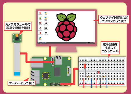 図1 「Raspberry Pi(ラズベリーパイ）」はクレジットカードとほぼ同じ大きさのコンピューター。OSをインストールすればパソコンと同様に使えるだけでなく、外部の電子回路をコントロールするなど、さまざまな活用法が考えられる